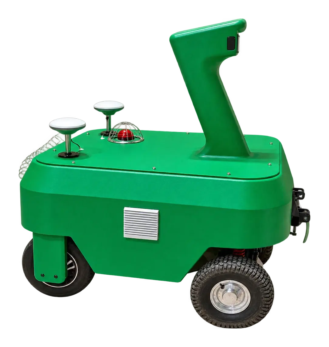 N-Series green mobile robot with GNSS antennas, beacon light and a handle