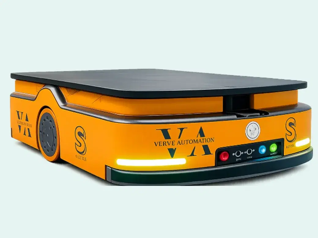 S-Series jack AMR in orange with Verve Automation branding and a flat lifting top